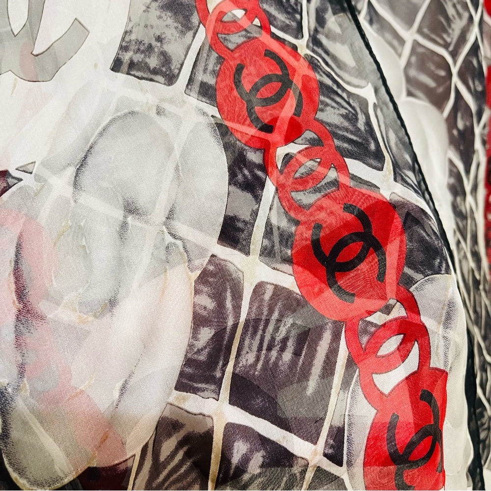 CHANEL Black and Red Logo Scarf - Picture 7 of 16